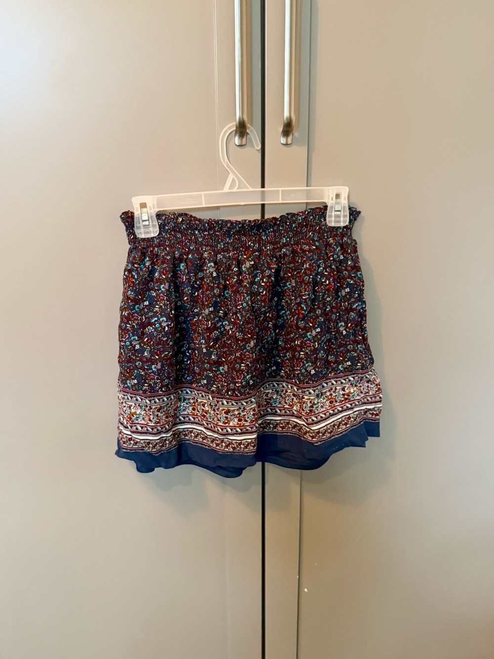 Multi-colored Floral Boho Print Mini Skirt With Elastic Waistband & Ruffled Hem